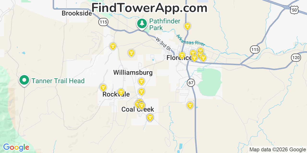 Map showing the 20 primary cell tower locations detected in Coal Creek, Colorado from AT&T, Verizon, and T-Mobile networks