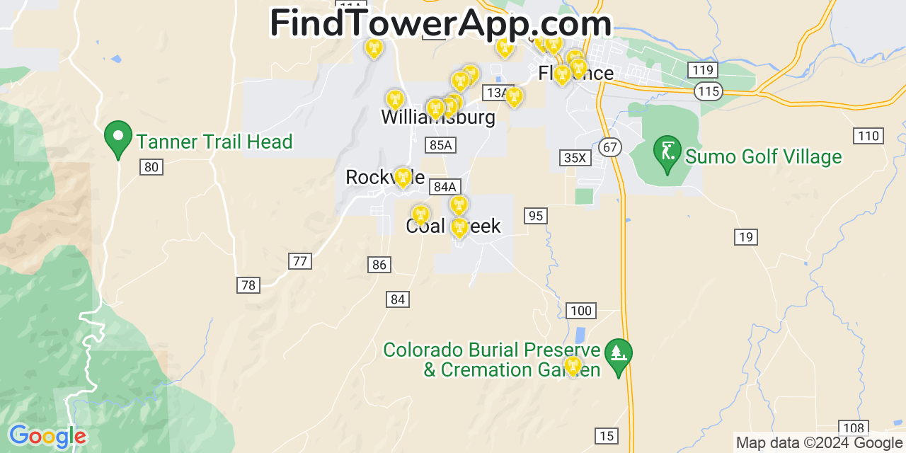 Verizon 4G/5G cell tower coverage map Coal Creek, Colorado