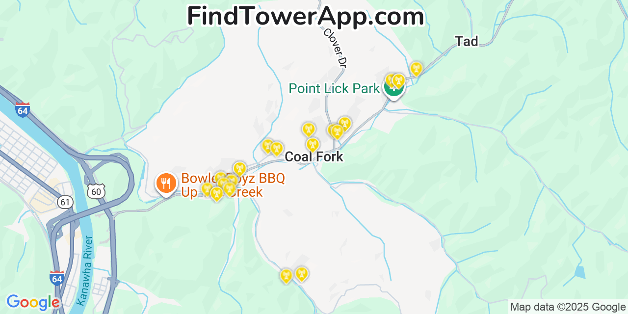 Map showing the 20 primary cell tower locations detected in Coal Fork, West Virginia from AT&T, Verizon, and T-Mobile networks