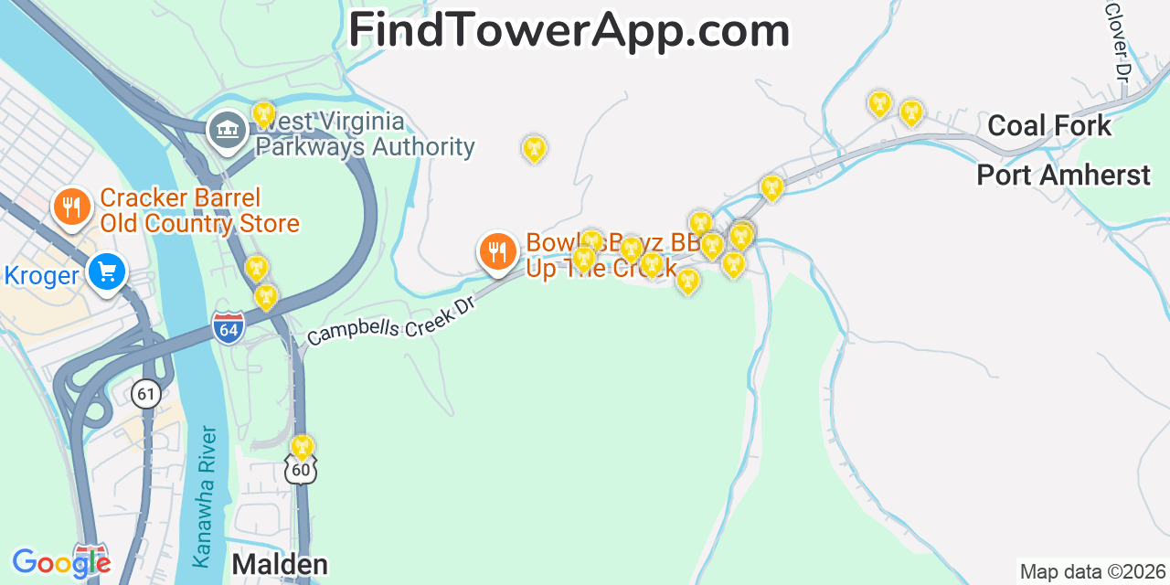 Map showing the 20 primary cell tower locations detected in Coal Fork, West Virginia from AT&T, Verizon, and T-Mobile networks