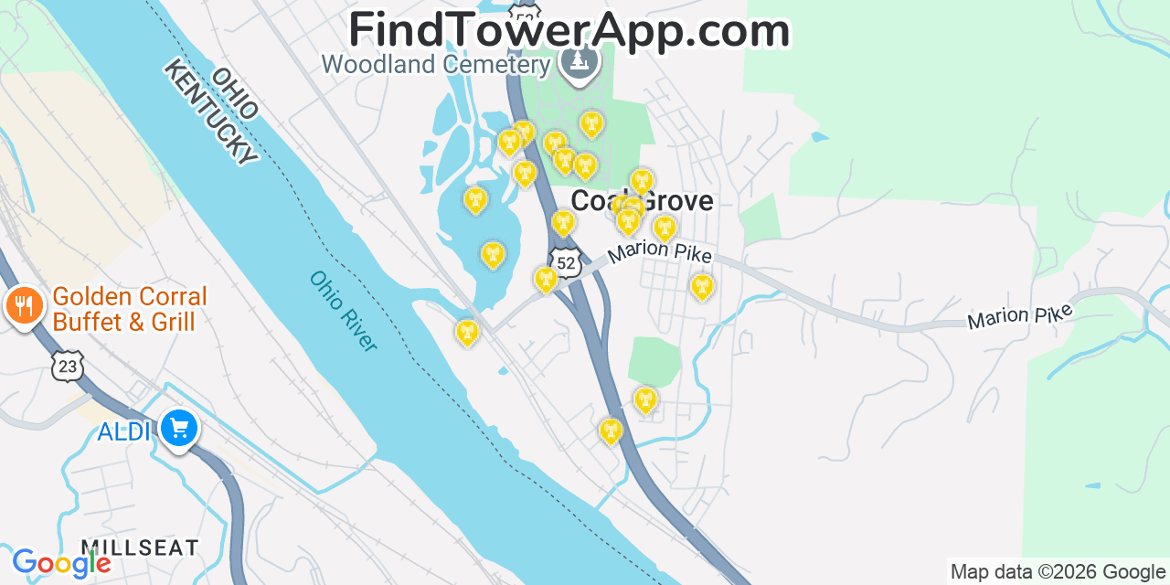 Map showing the 20 primary cell tower locations detected in Coal Grove, Ohio from AT&T, Verizon, and T-Mobile networks
