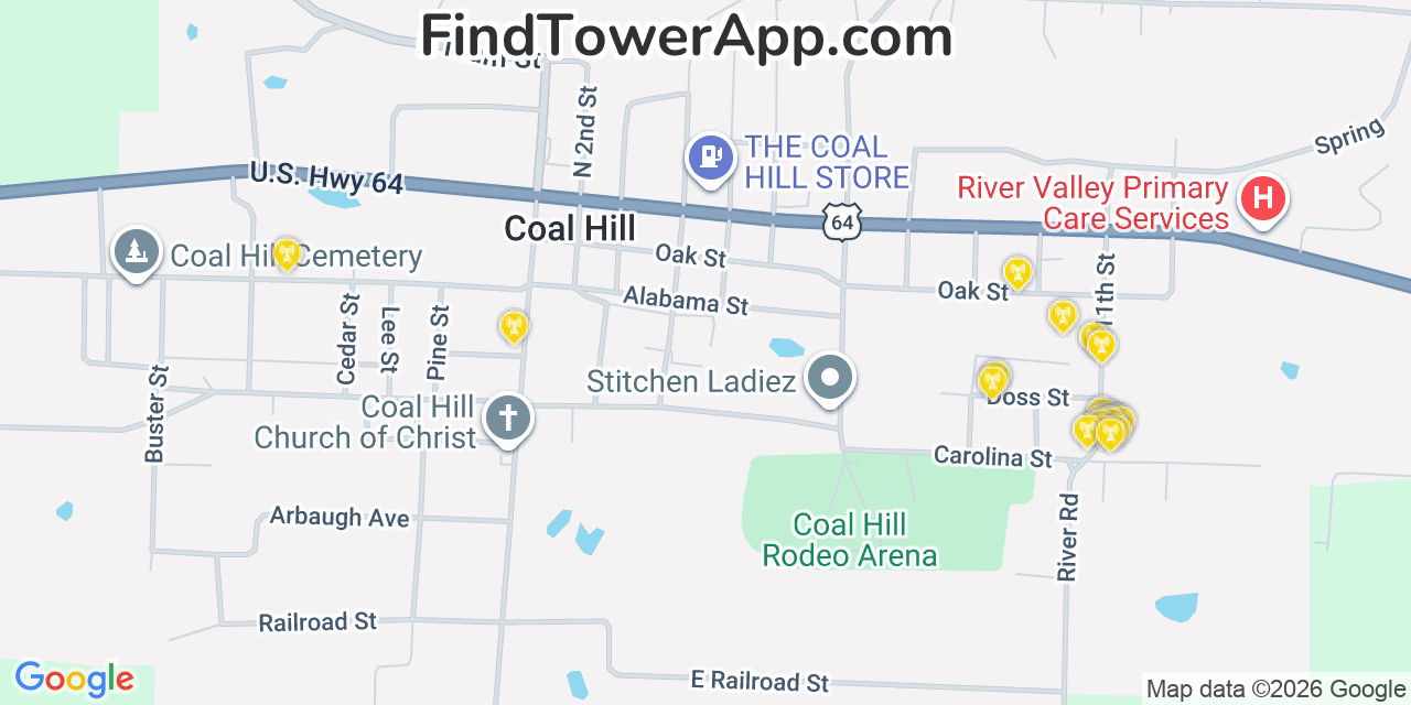 Map showing the 20 primary cell tower locations detected in Coal Hill, Arkansas from AT&T, Verizon, and T-Mobile networks
