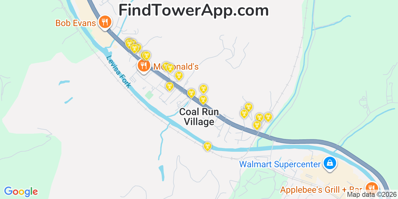 Map showing the 20 primary cell tower locations detected in Coal Run Village, Kentucky from AT&T, Verizon, and T-Mobile networks