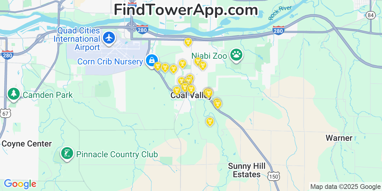 Map showing the 20 primary cell tower locations detected in Coal Valley, Illinois from AT&T, Verizon, and T-Mobile networks