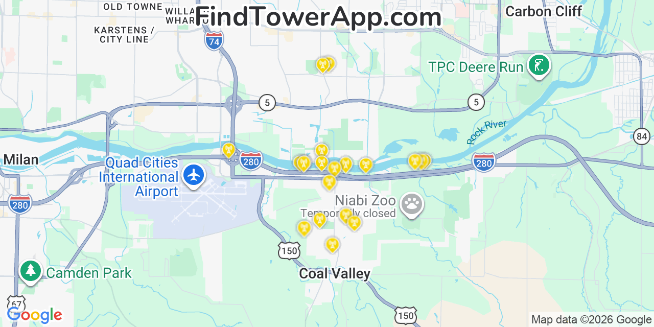 Map showing the 20 primary cell tower locations detected in Coal Valley, Illinois from AT&T, Verizon, and T-Mobile networks