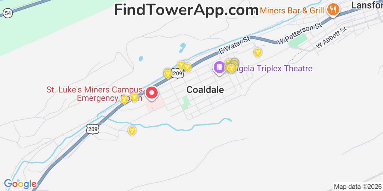 Map showing the 20 primary cell tower locations detected in Coaldale, Pennsylvania from AT&T, Verizon, and T-Mobile networks