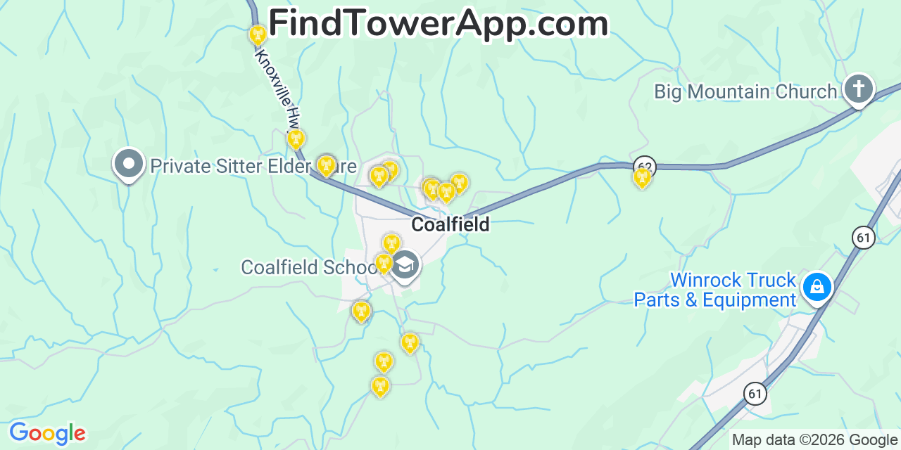 Map showing the 20 primary cell tower locations detected in Coalfield, Tennessee from AT&T, Verizon, and T-Mobile networks