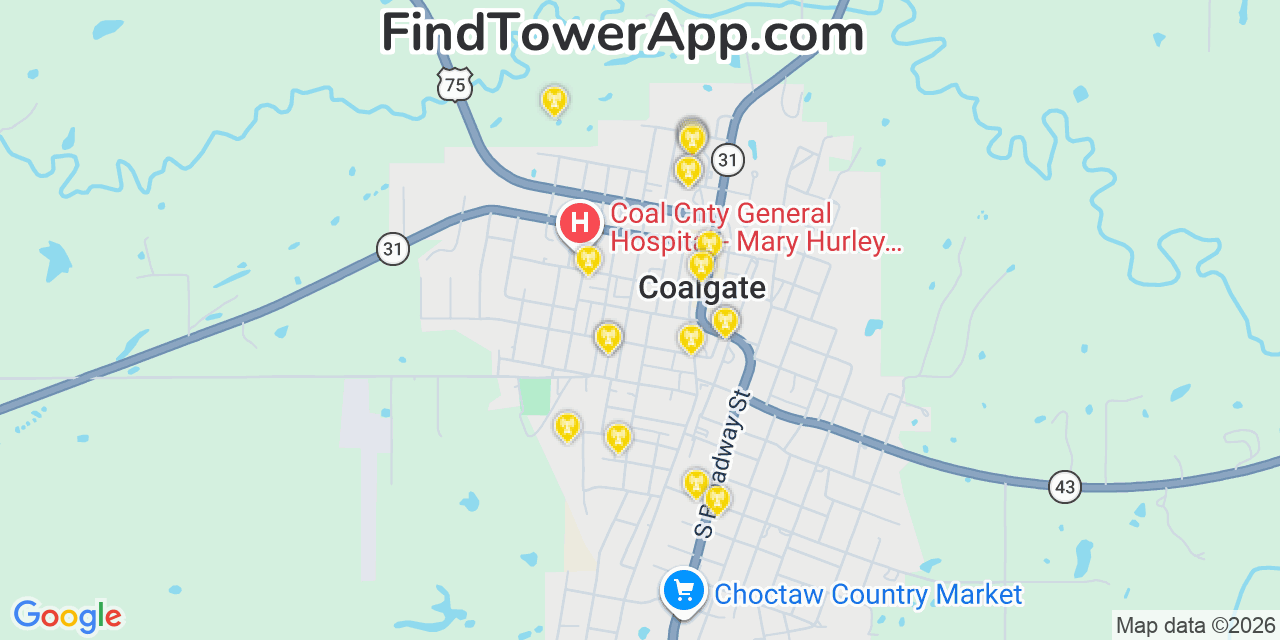 Map showing the 20 primary cell tower locations detected in Coalgate, Oklahoma from AT&T, Verizon, and T-Mobile networks