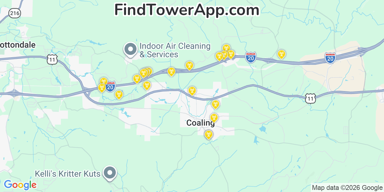 Map showing the 20 primary cell tower locations detected in Coaling, Alabama from AT&T, Verizon, and T-Mobile networks