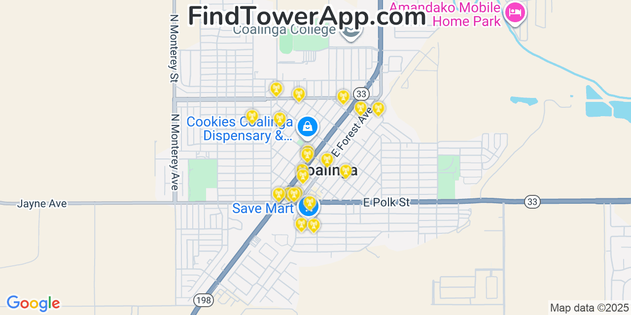 Map showing the 20 primary cell tower locations detected in Coalinga, California from AT&T, Verizon, and T-Mobile networks