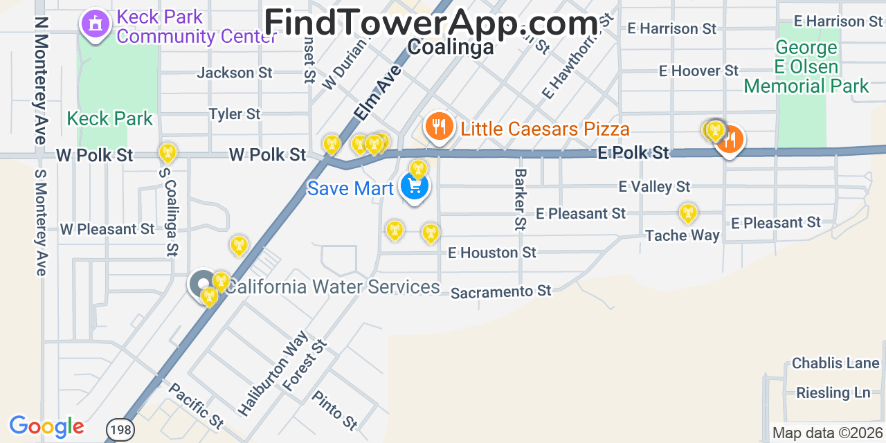 Map showing the 20 primary cell tower locations detected in Coalinga, California from AT&T, Verizon, and T-Mobile networks