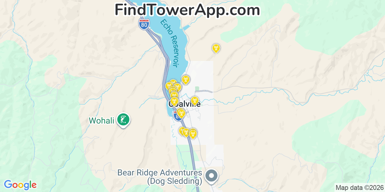 Map showing the 20 primary cell tower locations detected in Coalville, Utah from AT&T, Verizon, and T-Mobile networks