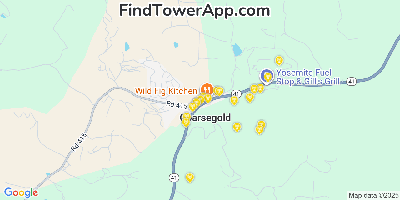 Map showing the 20 primary cell tower locations detected in Coarsegold, California from AT&T, Verizon, and T-Mobile networks