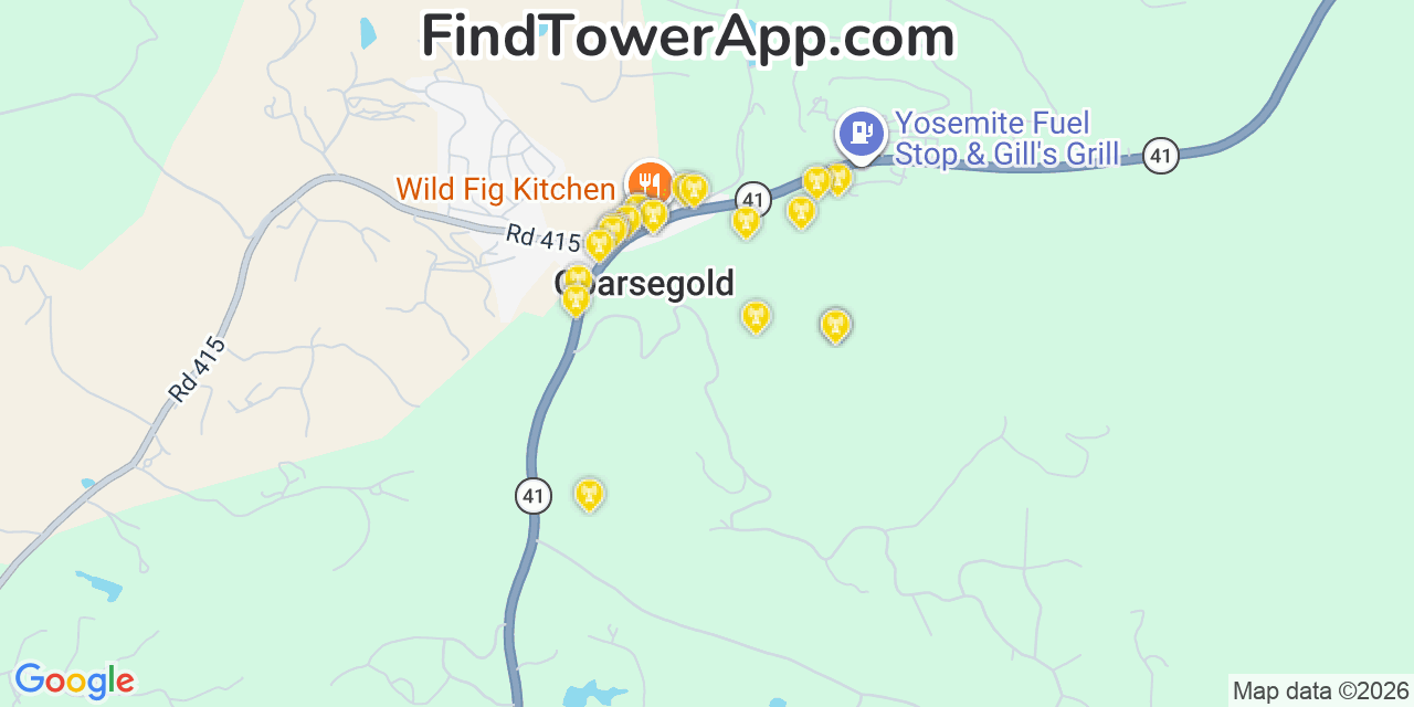 Map showing the 20 primary cell tower locations detected in Coarsegold, California from AT&T, Verizon, and T-Mobile networks