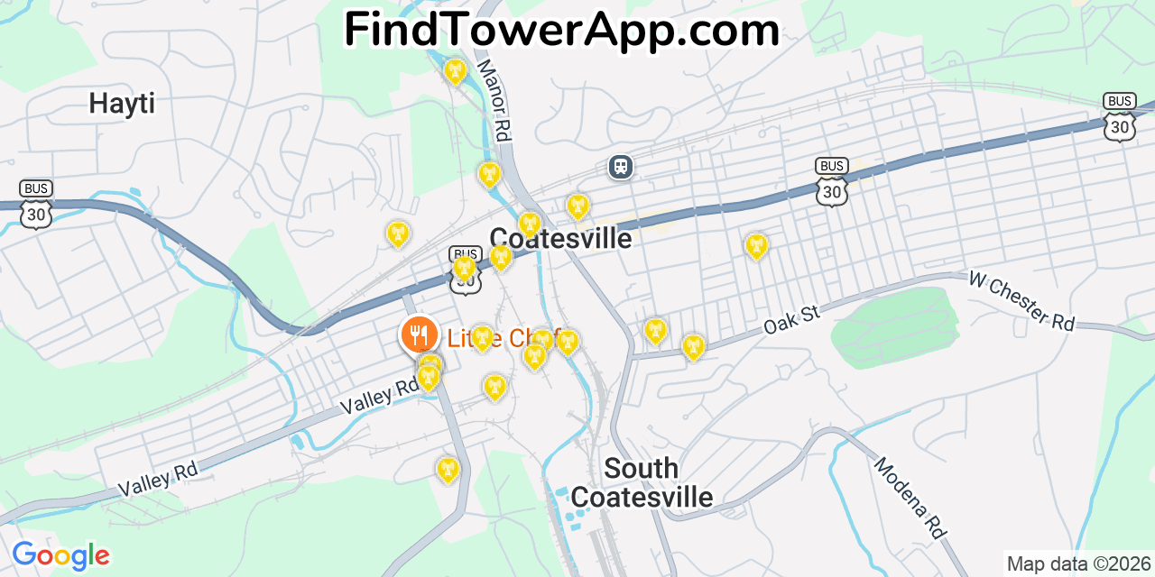 Map showing the 20 primary cell tower locations detected in Coatesville, Pennsylvania from AT&T, Verizon, and T-Mobile networks