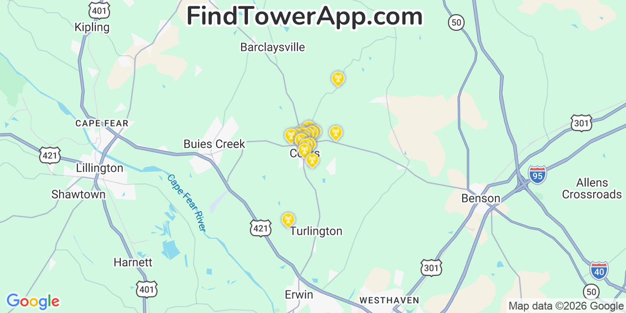 Map showing the 20 primary cell tower locations detected in Coats, North Carolina from AT&T, Verizon, and T-Mobile networks