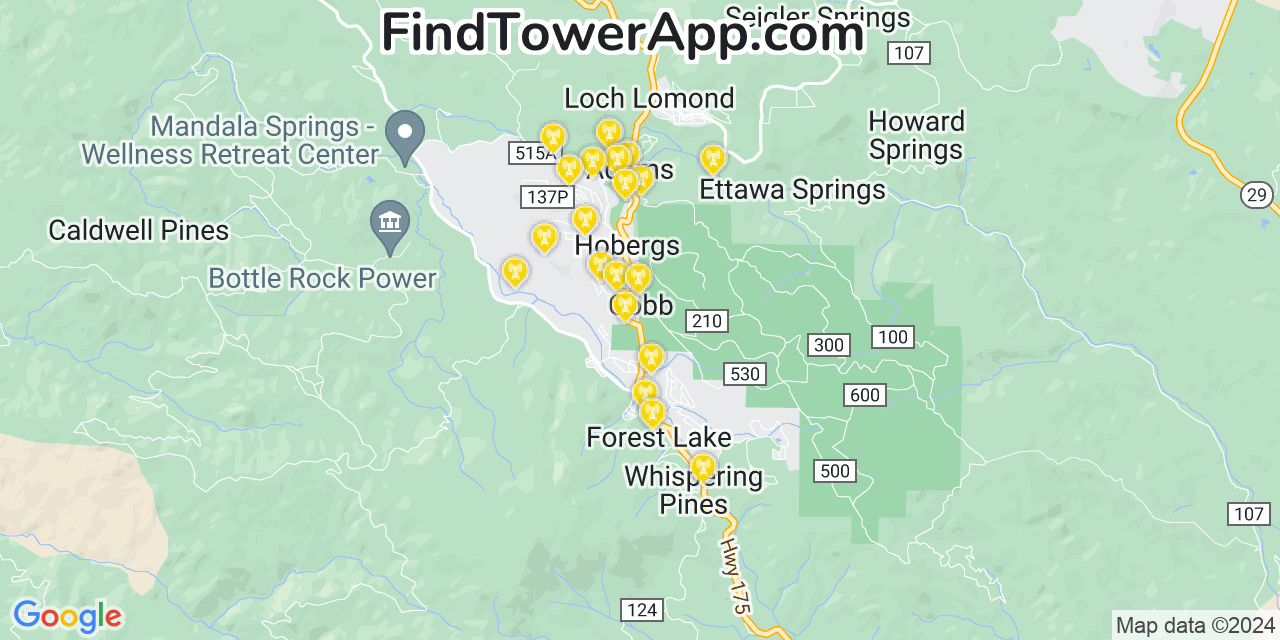 AT&T 4G/5G cell tower coverage map Cobb, California