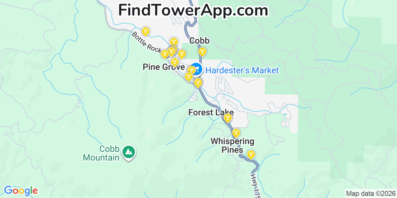 Map showing the 20 primary cell tower locations detected in Cobb, California from AT&T, Verizon, and T-Mobile networks