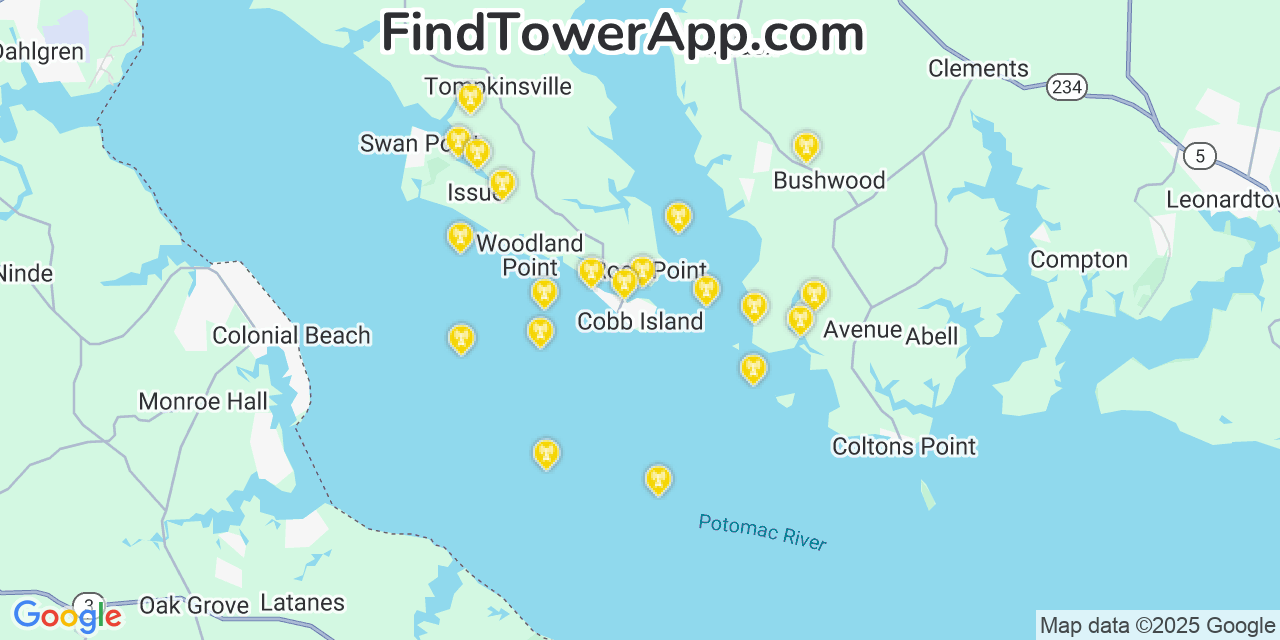 Map showing the 20 primary cell tower locations detected in Cobb Island, Maryland from AT&T, Verizon, and T-Mobile networks