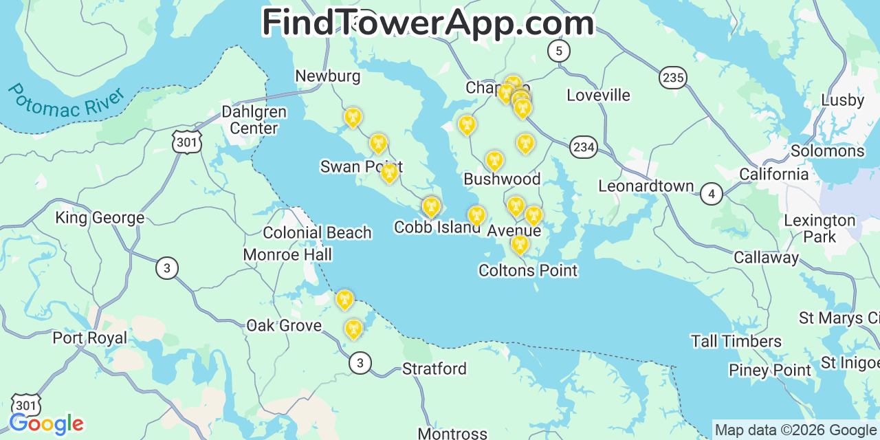 Map showing the 20 primary cell tower locations detected in Cobb Island, Maryland from AT&T, Verizon, and T-Mobile networks