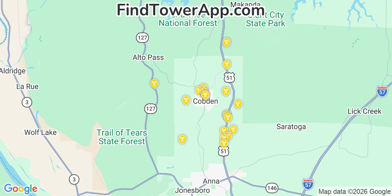Map showing the 20 primary cell tower locations detected in Cobden, Illinois from AT&T, Verizon, and T-Mobile networks