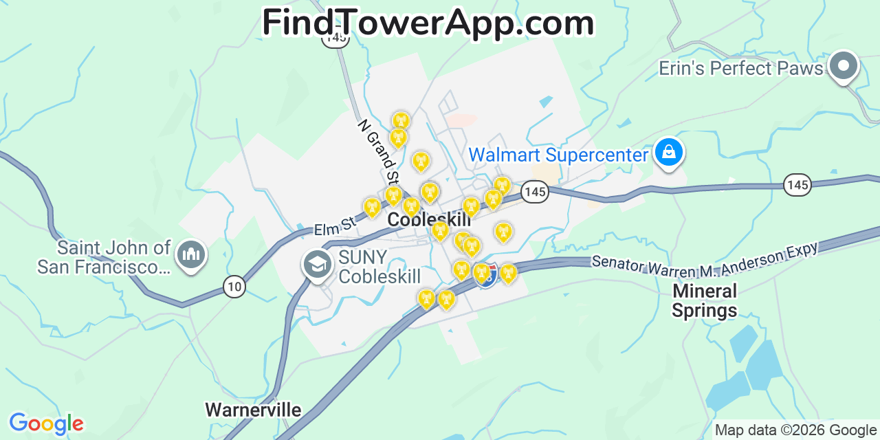 Map showing the 20 primary cell tower locations detected in Cobleskill, New York from AT&T, Verizon, and T-Mobile networks