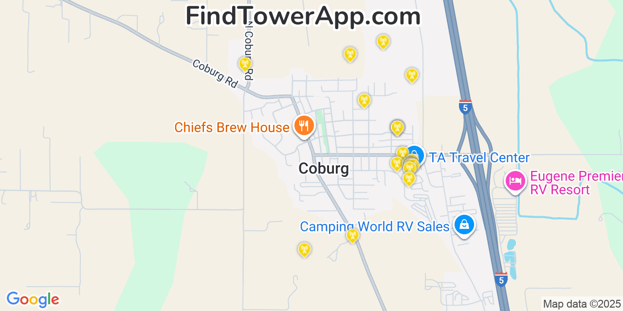 Map showing the 20 primary cell tower locations detected in Coburg, Oregon from AT&T, Verizon, and T-Mobile networks