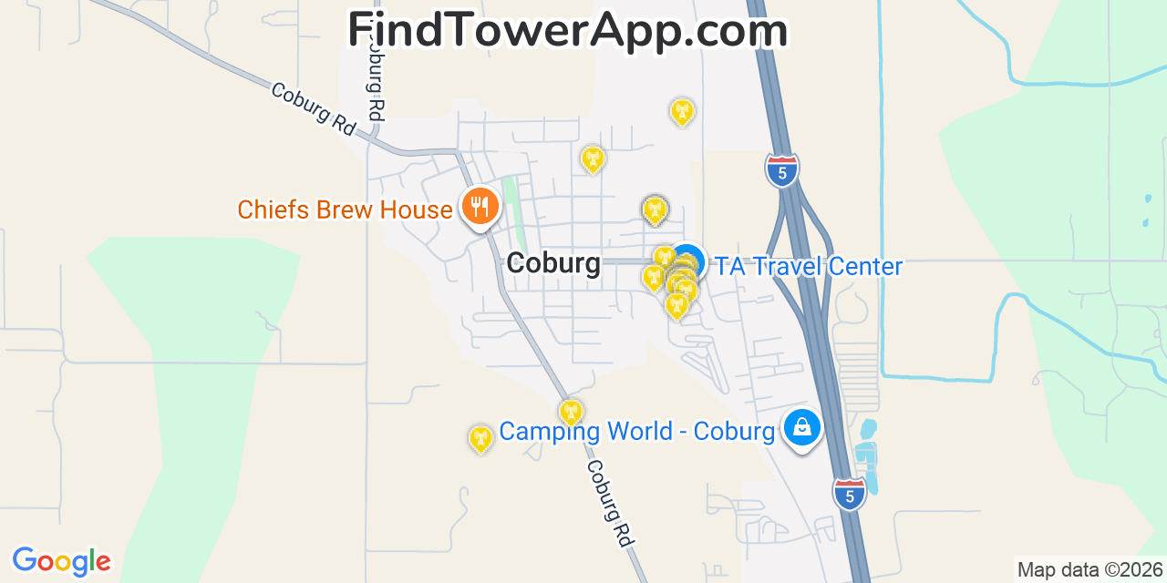 Map showing the 20 primary cell tower locations detected in Coburg, Oregon from AT&T, Verizon, and T-Mobile networks