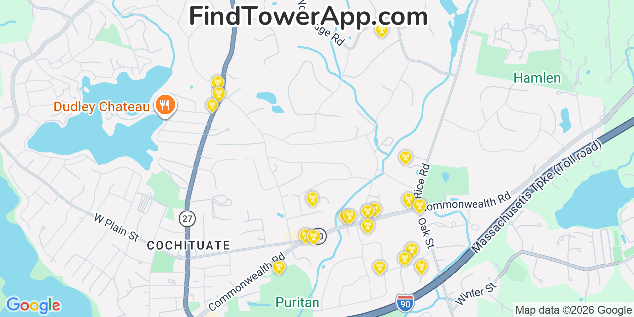 Map showing the 20 primary cell tower locations detected in Cochituate, Massachusetts from AT&T, Verizon, and T-Mobile networks