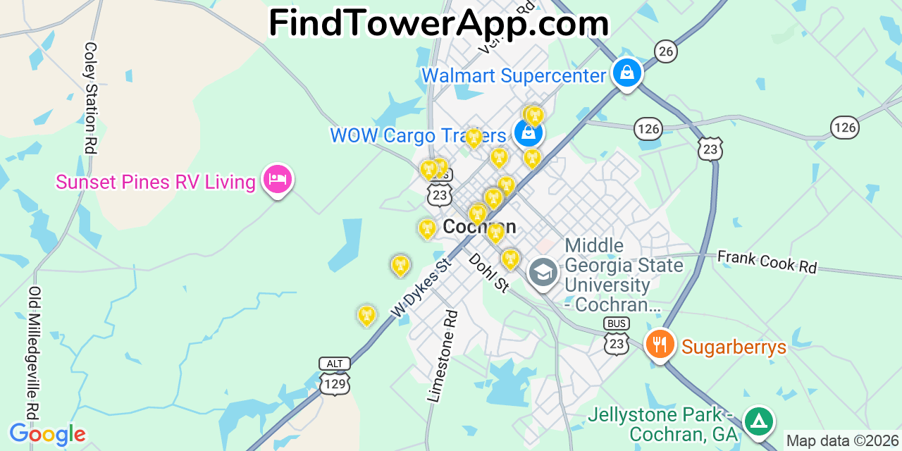 Map showing the 20 primary cell tower locations detected in Cochran, Georgia from AT&T, Verizon, and T-Mobile networks