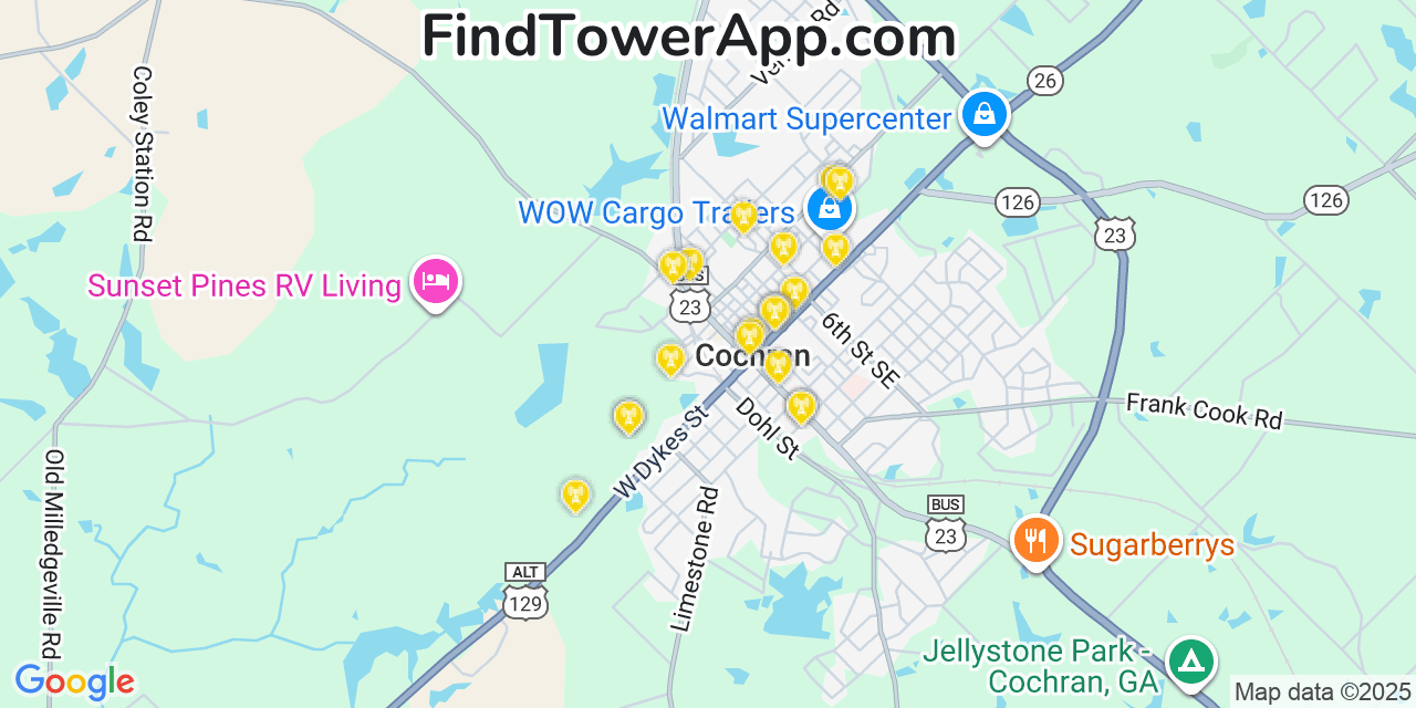 Map showing the 20 primary Mobitel cell tower locations detected in Cochran, Georgia with coverage radius and signal strength indicators