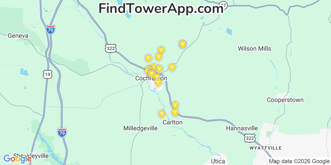 Map showing the 20 primary cell tower locations detected in Cochranton, Pennsylvania from AT&T, Verizon, and T-Mobile networks