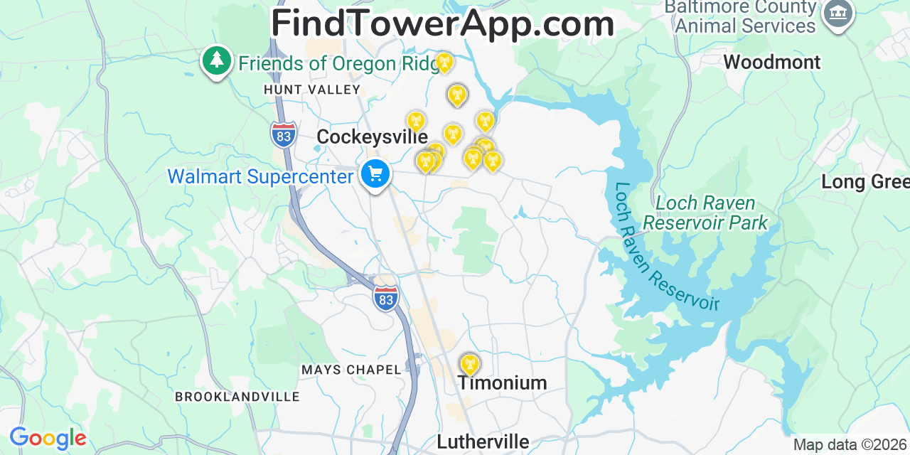 Map showing the 20 primary cell tower locations detected in Cockeysville, Maryland from AT&T, Verizon, and T-Mobile networks