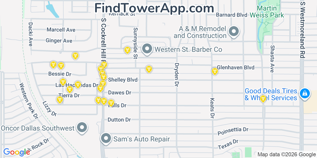 Map showing the 20 primary cell tower locations detected in Cockrell Hill, Texas from AT&T, Verizon, and T-Mobile networks