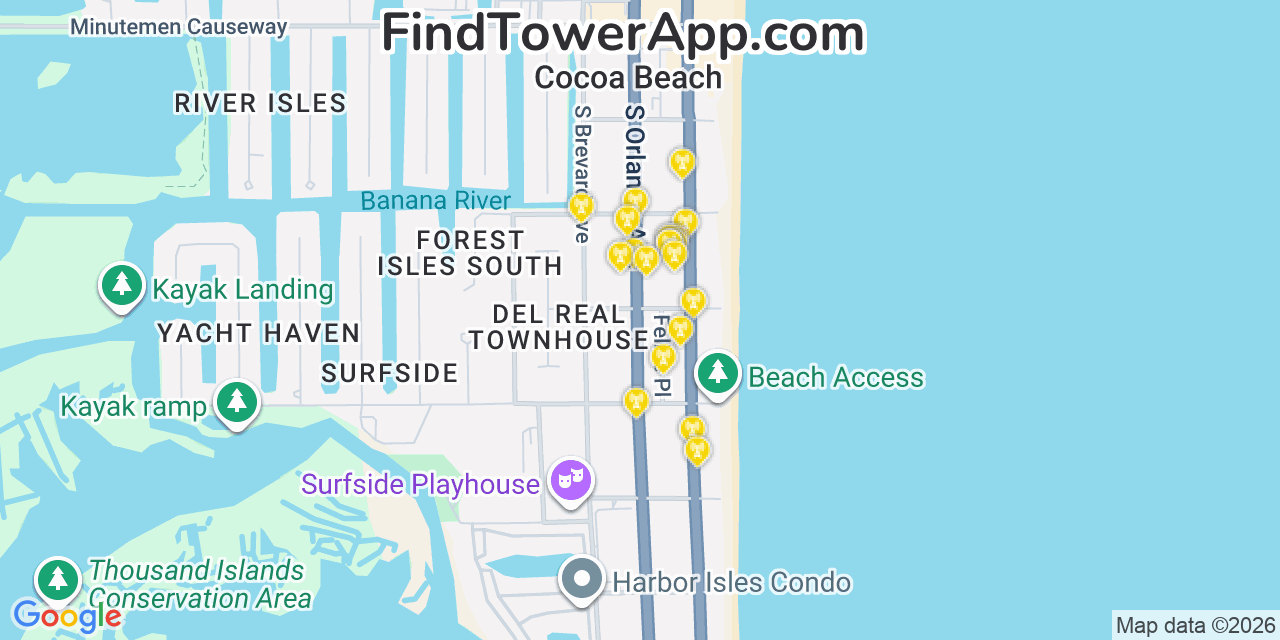 Map showing the 20 primary cell tower locations detected in Cocoa Beach, Florida from AT&T, Verizon, and T-Mobile networks