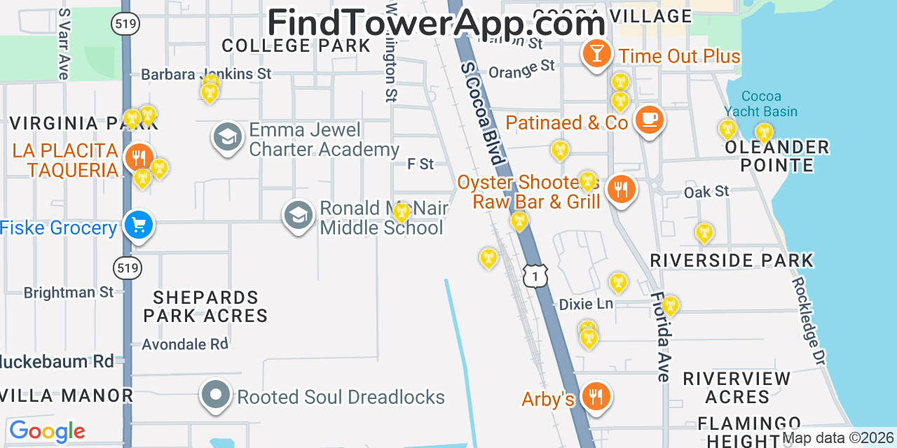 Map showing the 20 primary cell tower locations detected in Cocoa, Florida from AT&T, Verizon, and T-Mobile networks