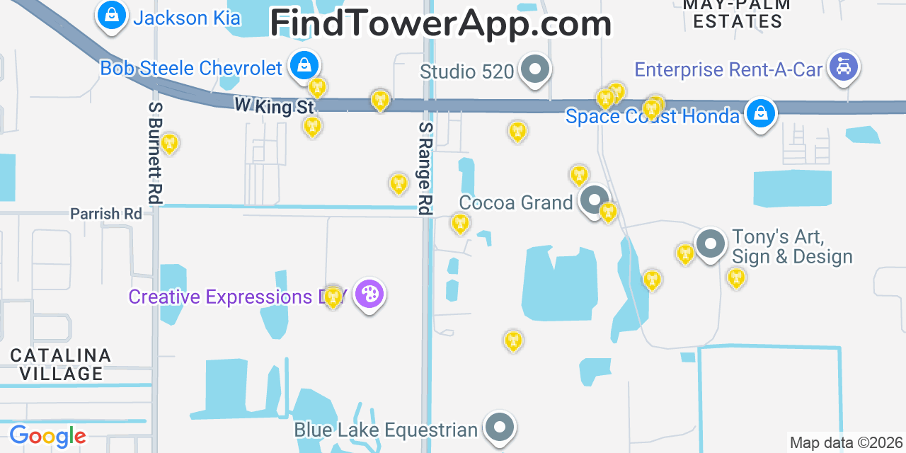 Map showing the 20 primary cell tower locations detected in Cocoa West, Florida from AT&T, Verizon, and T-Mobile networks
