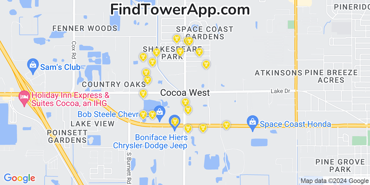 Verizon 4G/5G cell tower coverage map Cocoa West, Florida