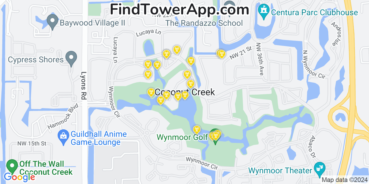 AT&T 4G/5G cell tower coverage map Coconut Creek, Florida