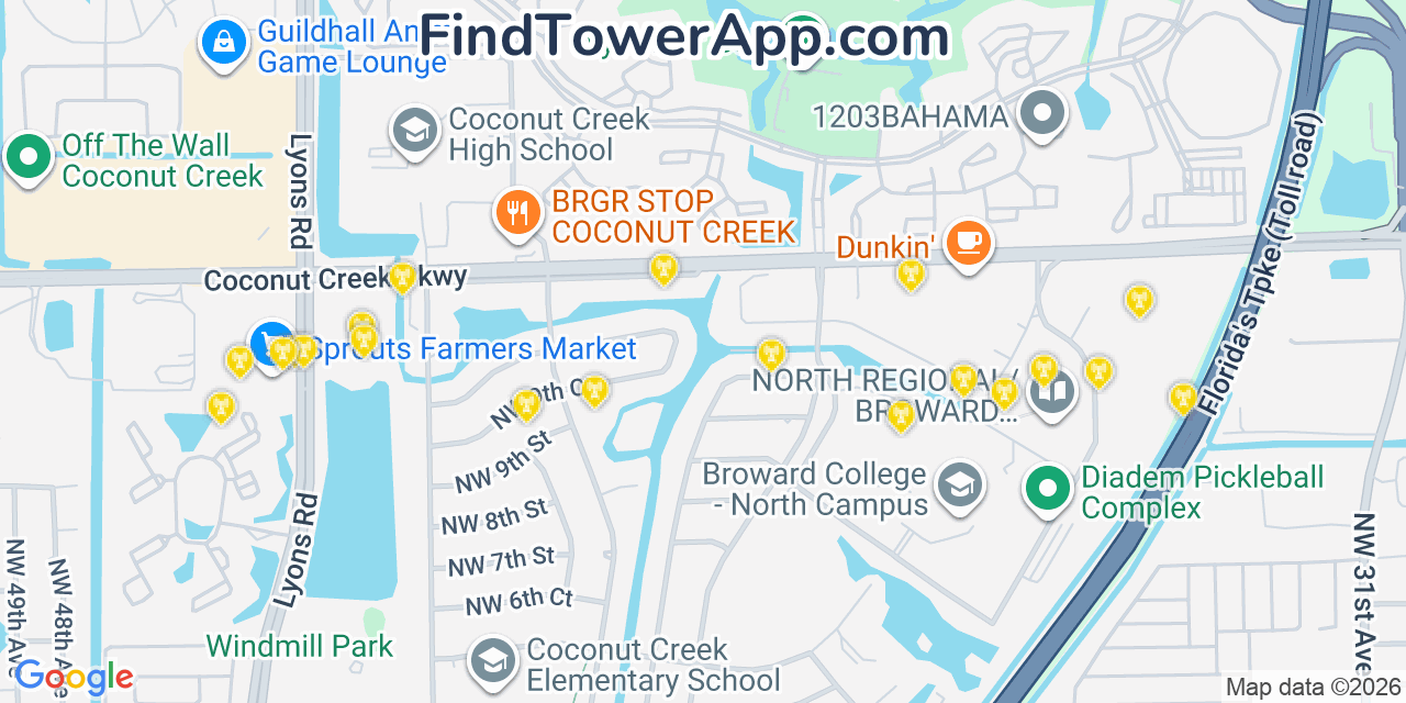 Map showing the 20 primary cell tower locations detected in Coconut Creek, Florida from AT&T, Verizon, and T-Mobile networks