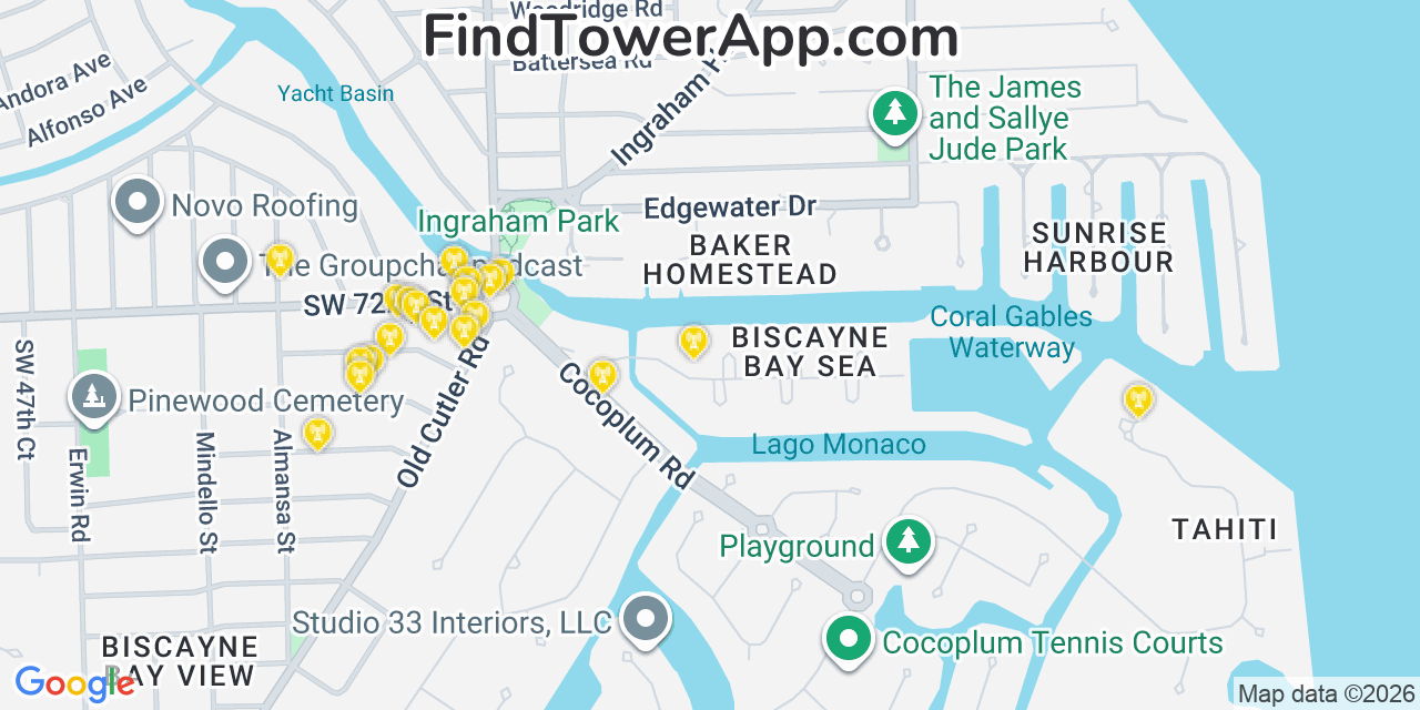 Map showing the 20 primary cell tower locations detected in Coconut Grove, Florida from AT&T, Verizon, and T-Mobile networks