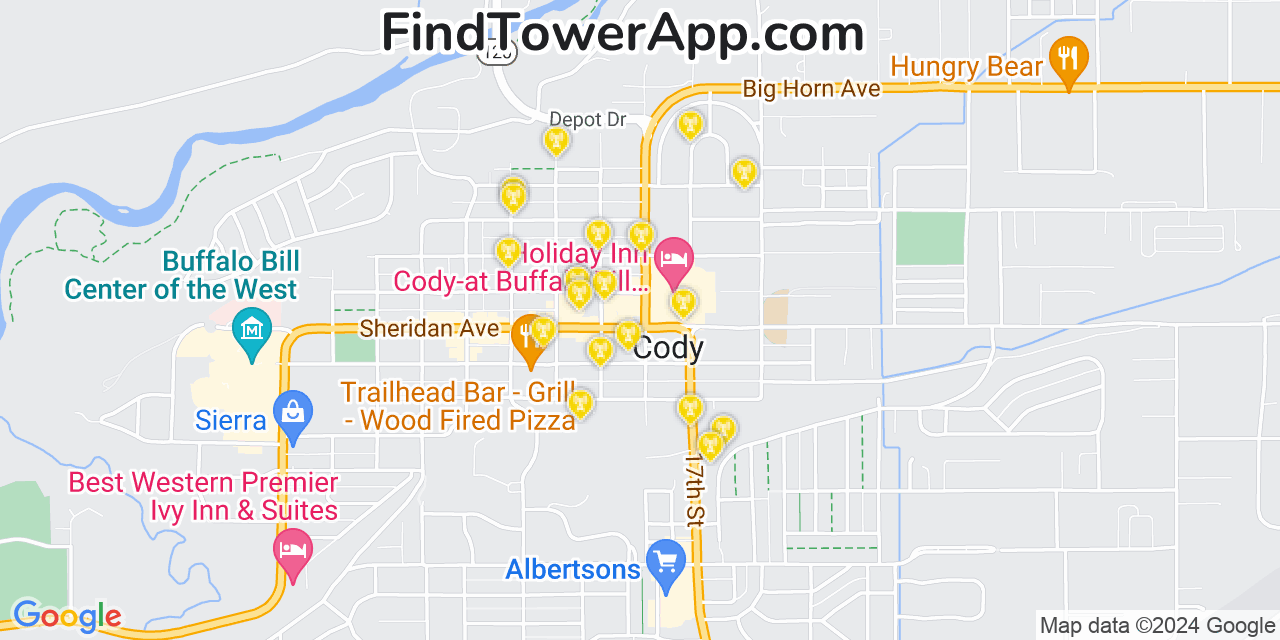 AT&T 4G/5G cell tower coverage map Cody, Wyoming