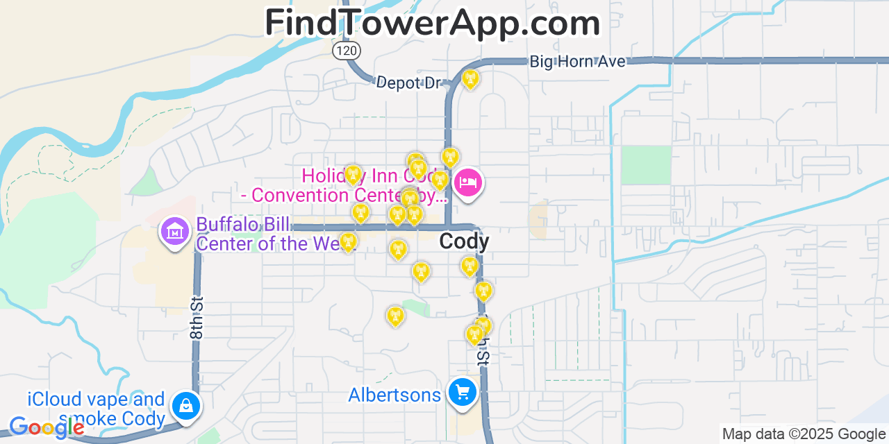 Map showing the 20 primary cell tower locations detected in Cody, Wyoming from AT&T, Verizon, and T-Mobile networks
