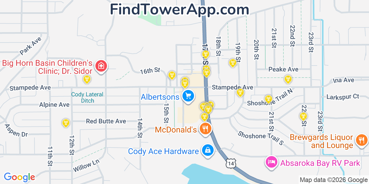 Map showing the 20 primary cell tower locations detected in Cody, Wyoming from AT&T, Verizon, and T-Mobile networks