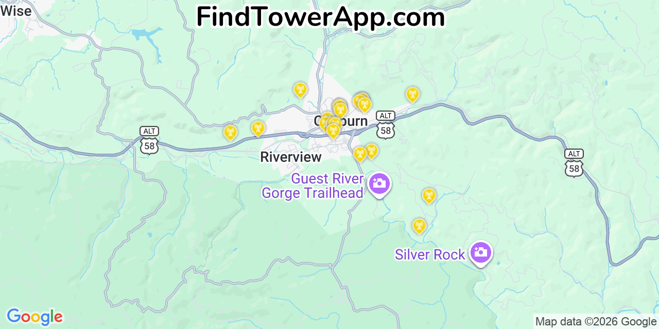 Map showing the 20 primary cell tower locations detected in Coeburn, Virginia from AT&T, Verizon, and T-Mobile networks