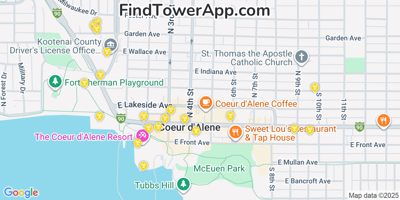 Map showing the 20 primary AT&T cell tower locations detected in Coeur D Alene, Idaho with coverage radius and signal strength indicators