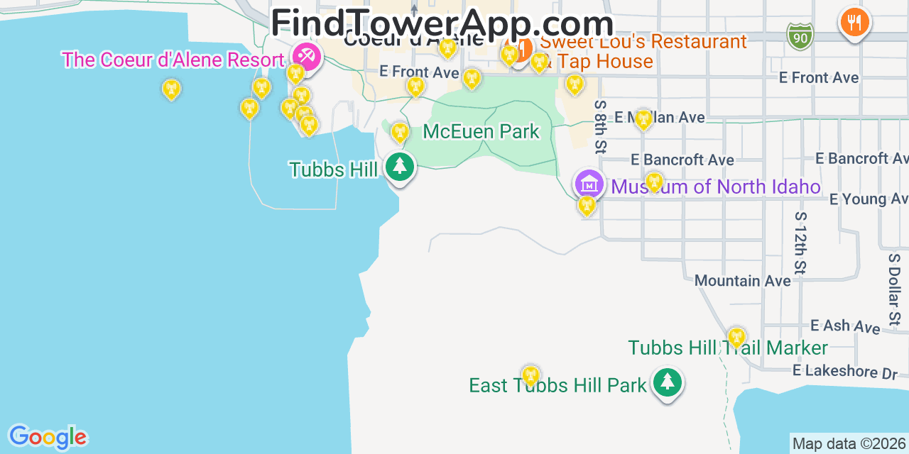 Map showing the 20 primary cell tower locations detected in Coeur D Alene, Idaho from AT&T, Verizon, and T-Mobile networks