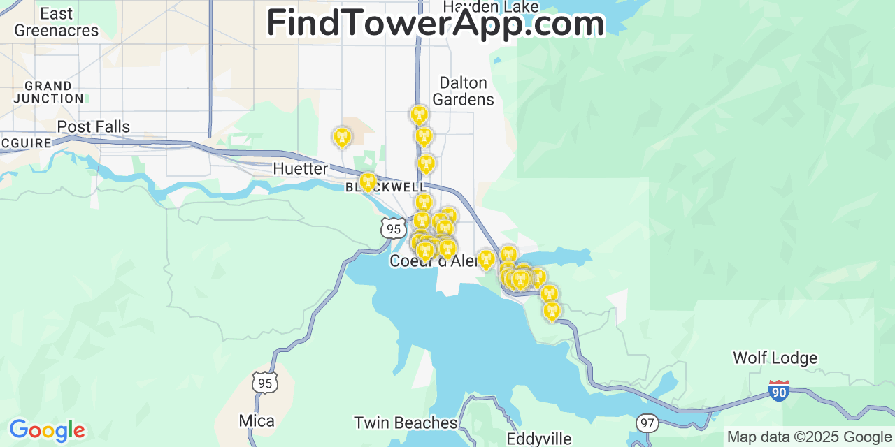 Map showing the 33 primary T-Mobile cell tower locations detected in Coeur D Alene, Idaho with coverage radius and signal strength indicators