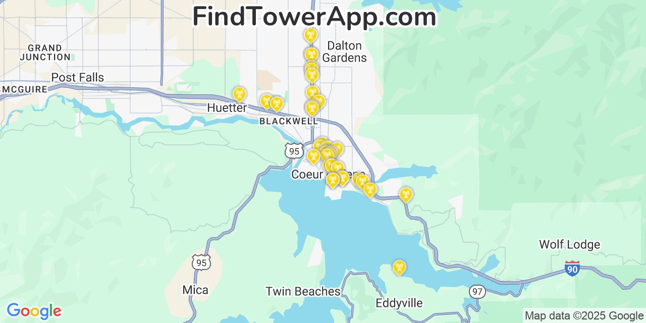 Map showing the 35 primary Verizon cell tower locations detected in Coeur D Alene, Idaho with coverage radius and signal strength indicators