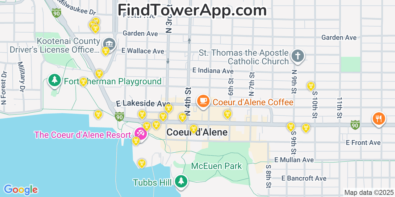 Map showing the 20 primary AT&T cell tower locations detected in Coeur Dalene, Idaho with coverage radius and signal strength indicators